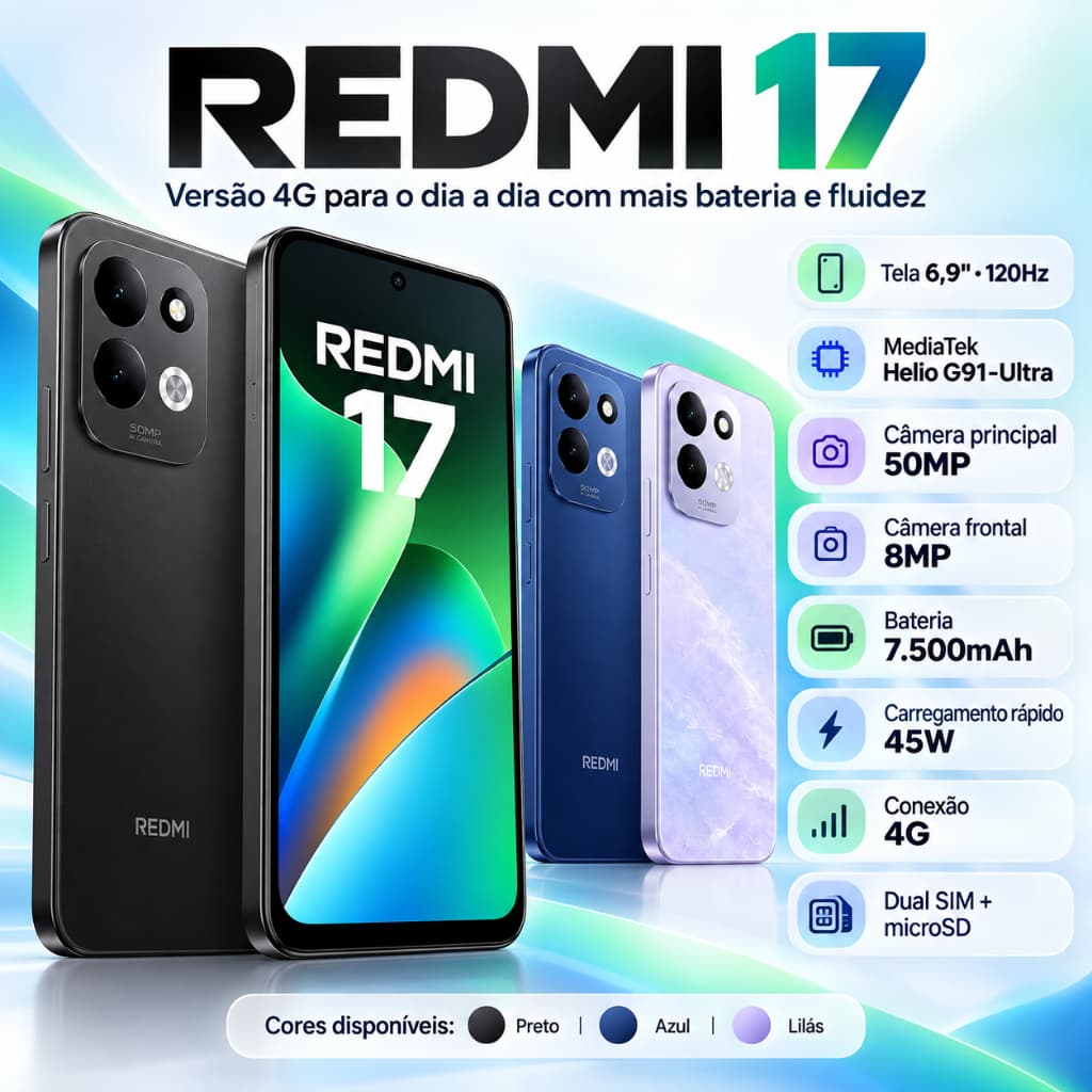 Smartphone Xiaomi Redmi 17 4G 256GB  Tela 6,9" 120Hz  Helio G91-Ultra Câmera 50MP  Bateria 7500mAh Dual SIM