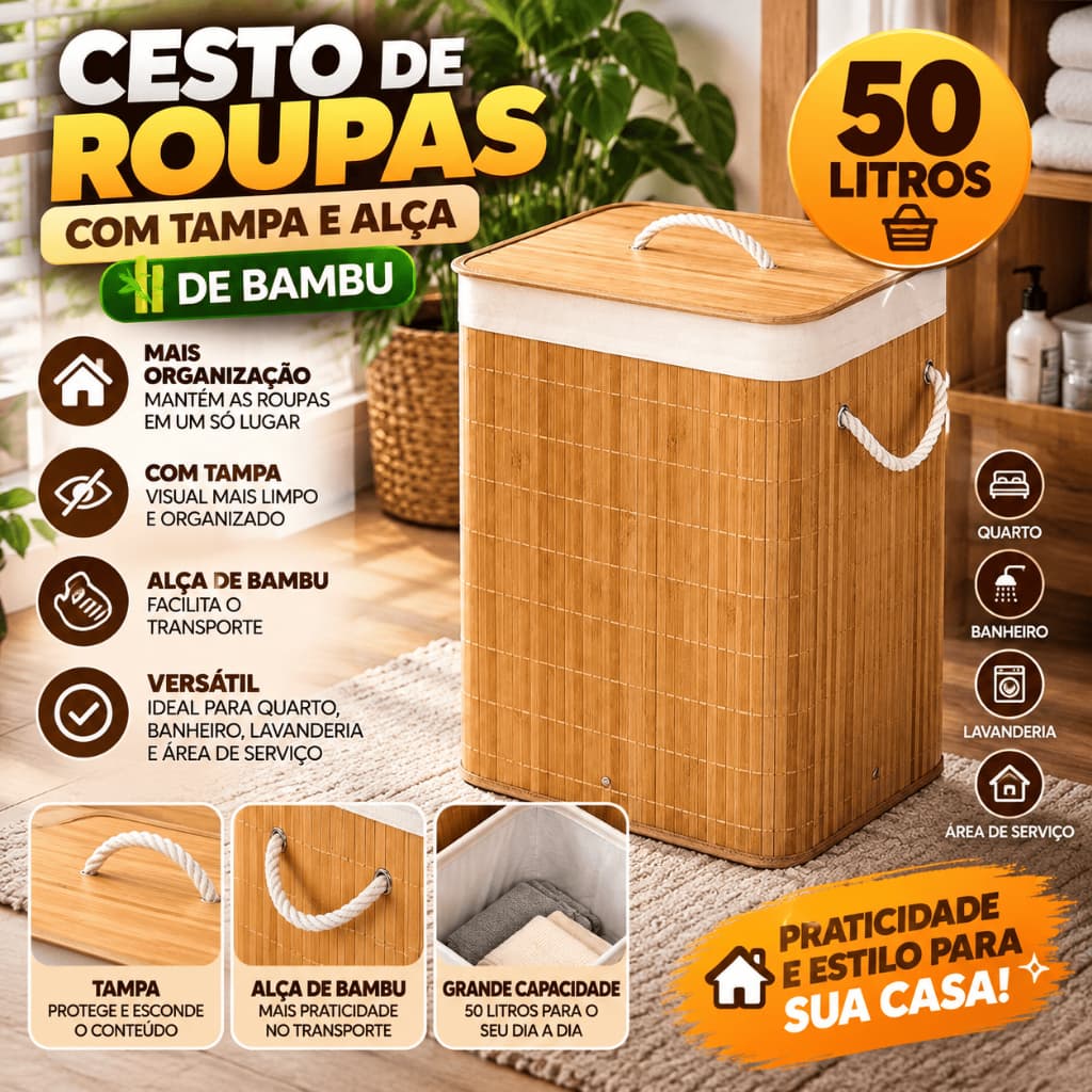 Cesto de Roupas Sujas 50 Litros com Tampa e Alça de Bambu Organizador para Lavanderia e Banheiro