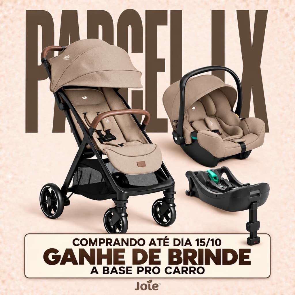 Kit Carrinho de Bebê Joie Parcel LX + Bebê Conforto + Base para Carro Bege