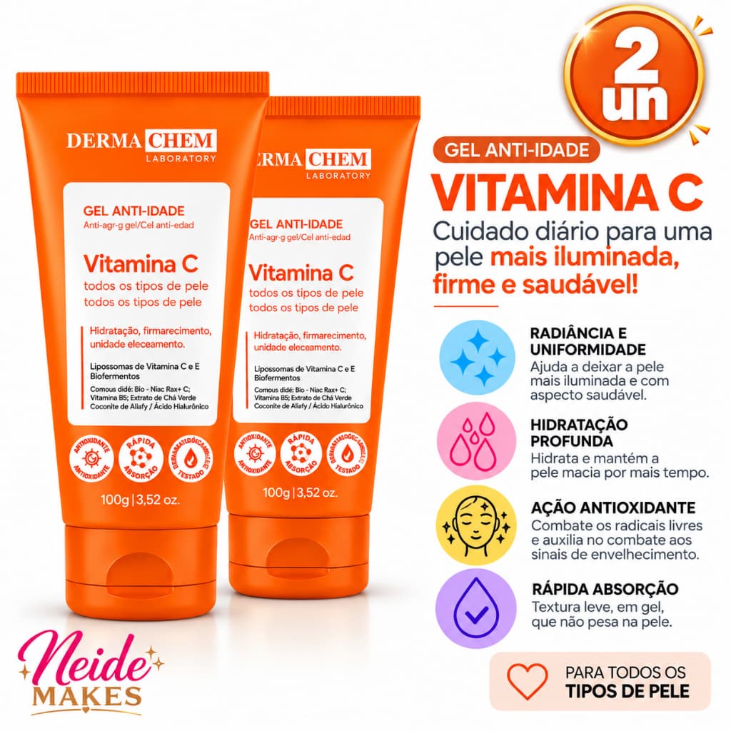 Skincare  Dermachem Kit 2 Gel Facial Anti Idade Vitamina C Todos Tipos de Pele 100ml Dermachem