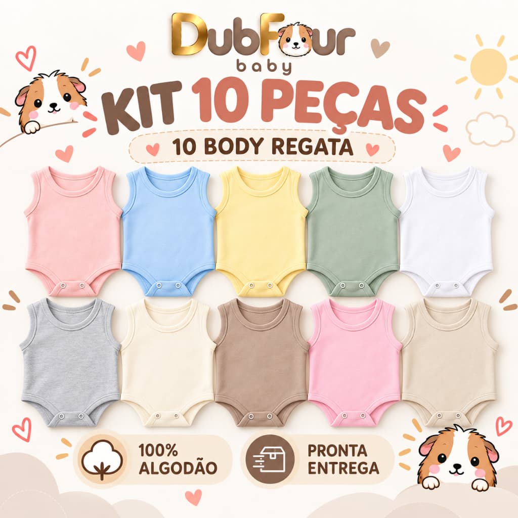 Kit Enxoval 10 Peças Body Regata Infantil Bebê 100% Algodão Menina Menino Unissex Recem Nascido Verão