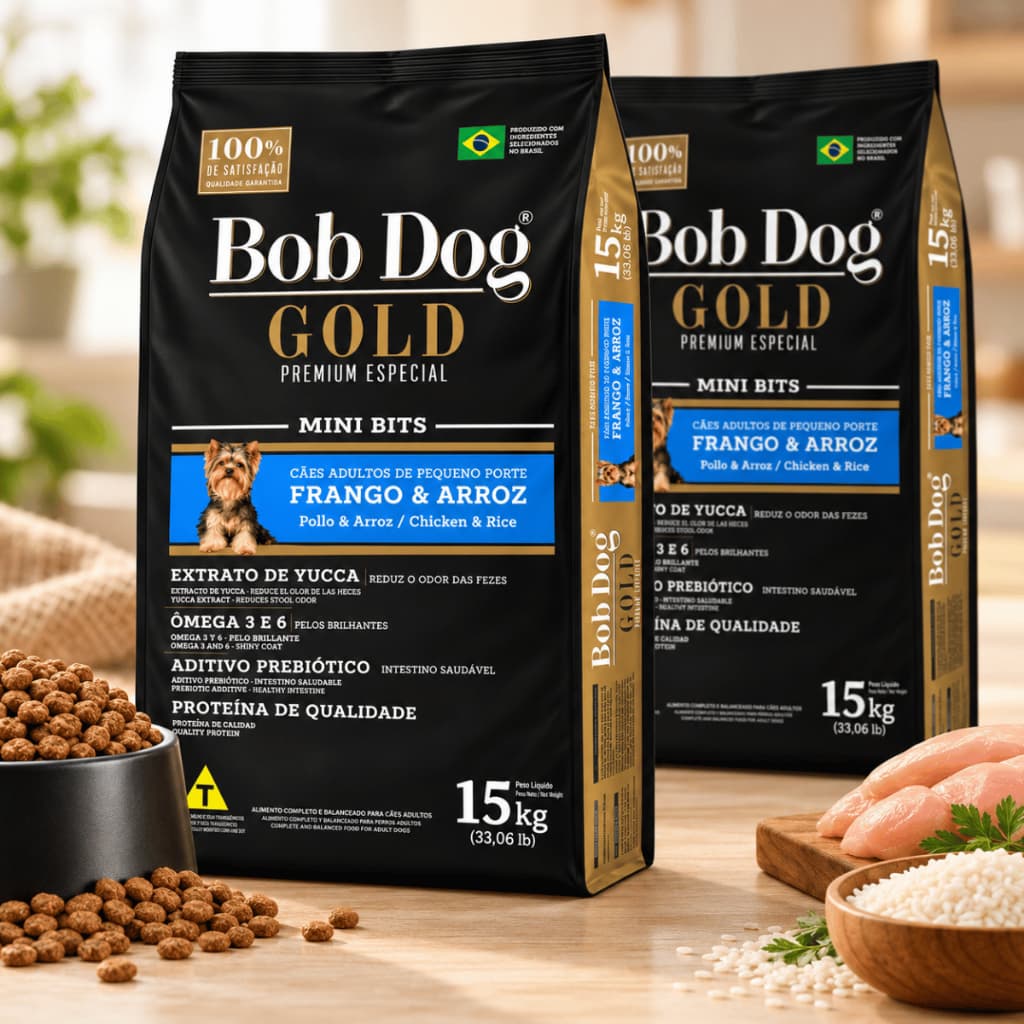 Kit Ração Cachorro Adulto Bob Dog Gold Premium 15kg Mini Bits Frango e Arroz com Prebiótico Oferta!!