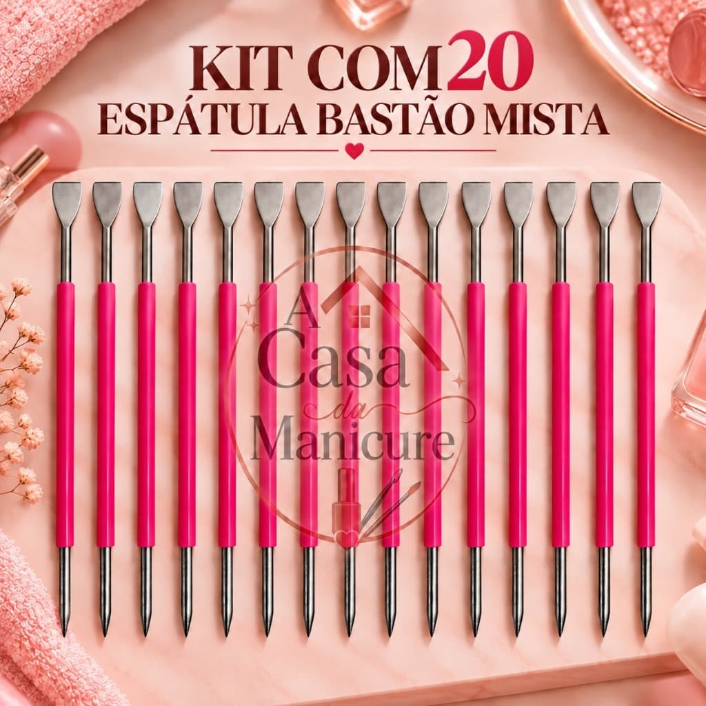 Kit Completo 20 Peças Bastão Mista Rosa A Casa da Manicure Cutícula Aço Inoxidável