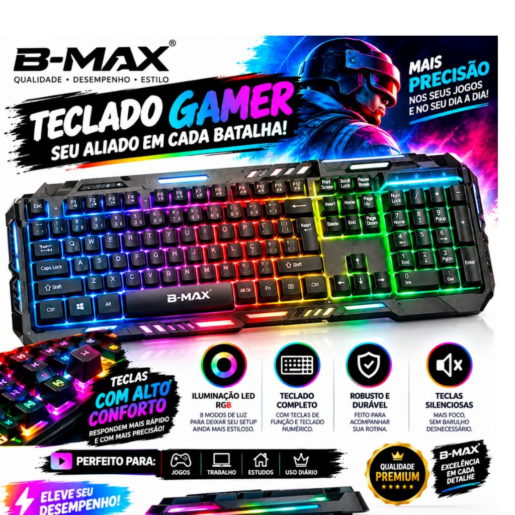 Teclado Gamer Semi Mecânico LED RGB Com Fio Teclado Numérico PC Notebook
