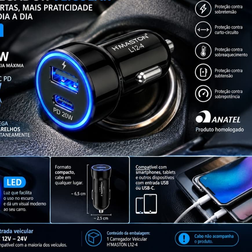 Carregador Veicular H'Maston 35W 12V e 24V Duas Portas