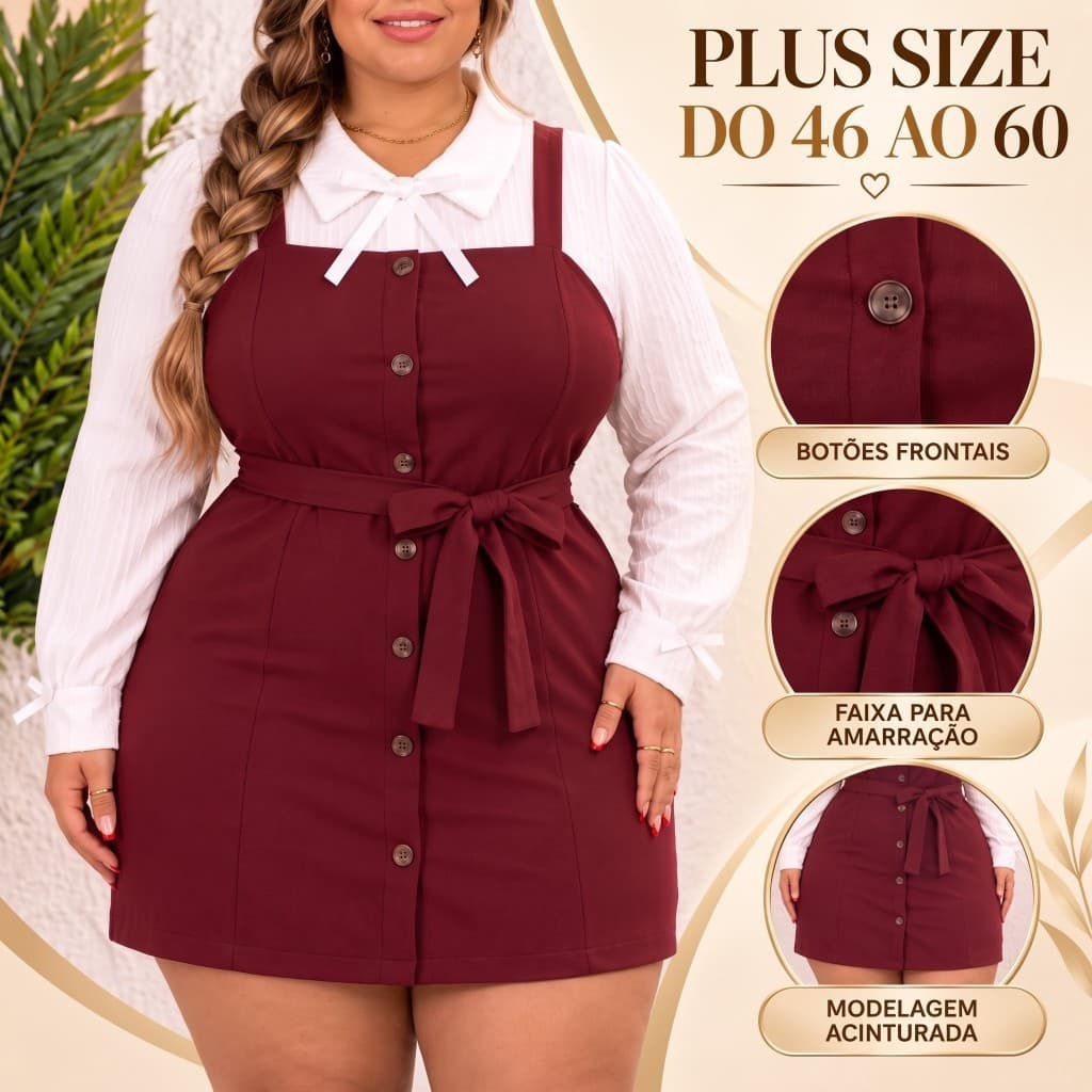 Vestido Plus Size Feminino Moda Evangélica Social Alfaiataria Premium Com Laço Vestido Midi Chique Botões Frontais G2 G4