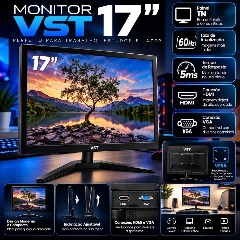 Monitor Gamer Office 17 Pol Hd 5ms 60hz Hdmi/vga Preto