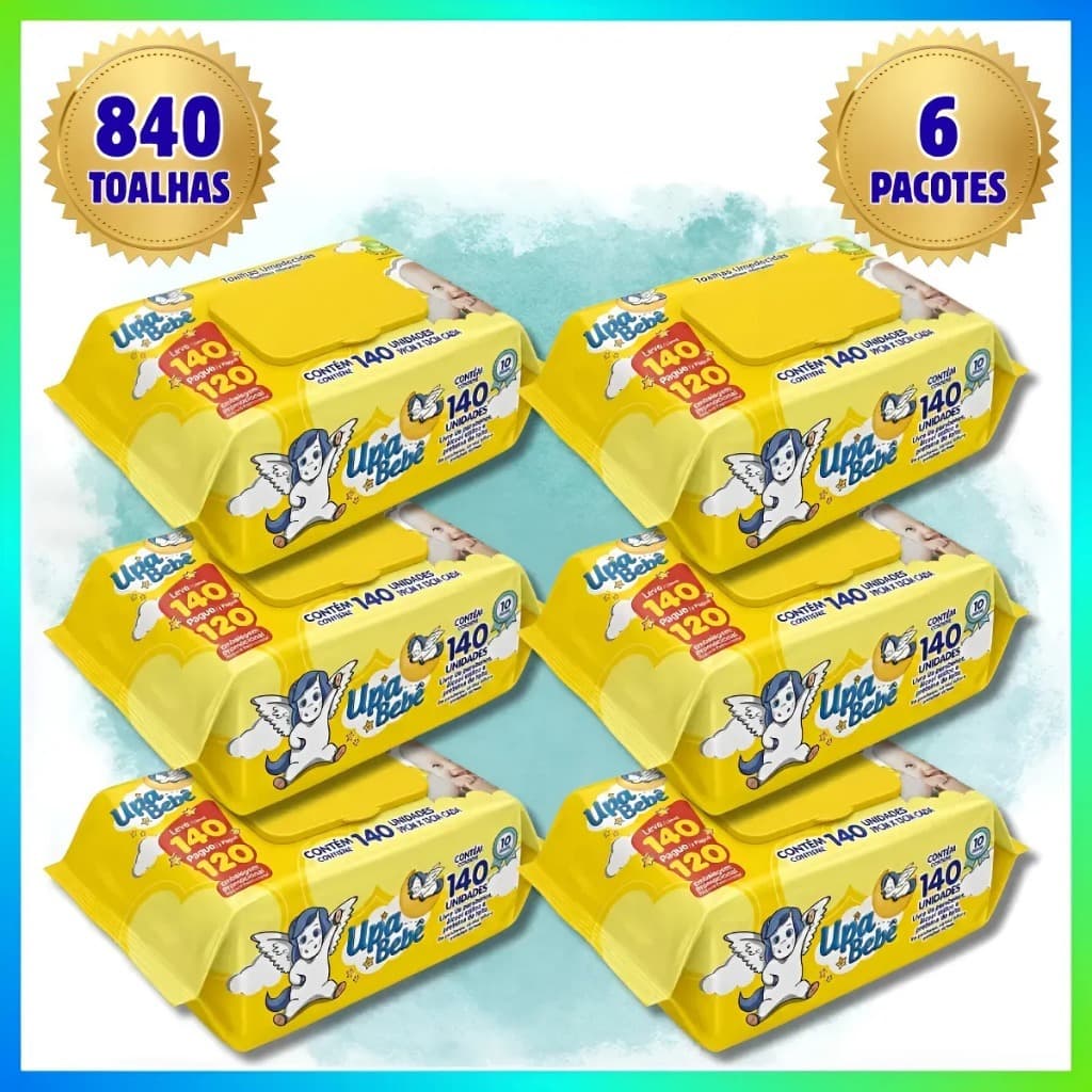 840 LENÇOS UMEDECIDOS UPA BEBE KIT 6 PACOTES TOALHAS UMEDECIDAS SEM ALCOOL