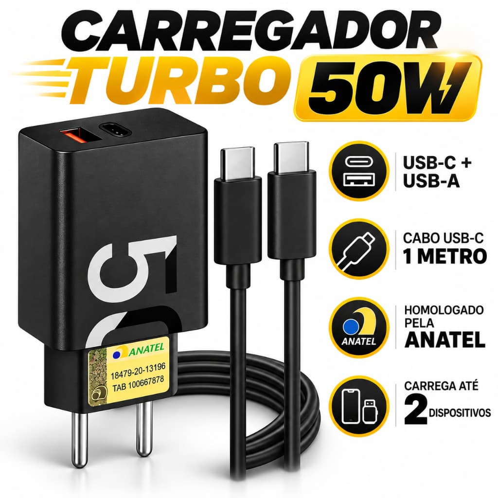 Carregador Turbo Usb C Tipo C 50w ORIGINAL Lehmox Para Celular Android Carregamento Rápido Bivolt