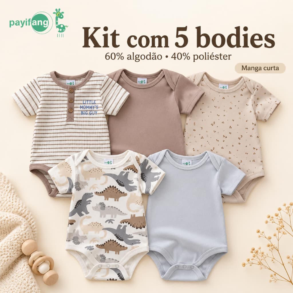 Kit 5 Bodies Bebê Manga Curta Unissex | 60% Algodão 40% Poliéster | Body Recem Nascido Conjunto Enxoval Bebê