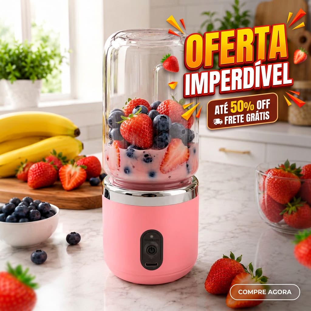 Liquidificador Portátil USB Mini Mixer Recarregável Com Garrafa Shake Academia 6 Lâminas Potente Sucos E Vitaminas