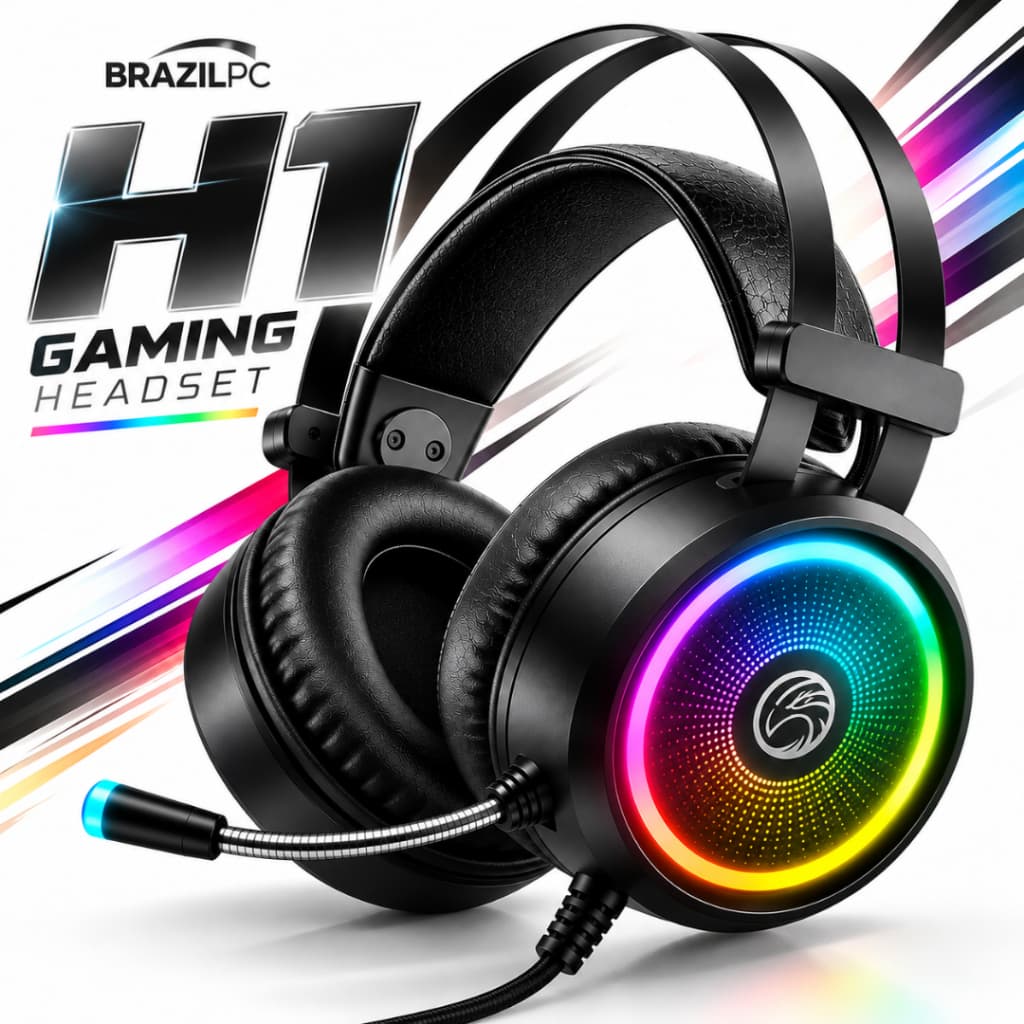 HEADSET GAMER RGB BRAZIL PC H1 PREMIUM COM MICROFONE, SOM POTENTE 50MM, LED RGB E CONFORTO PARA JOGOS PC E NOTEBOOK