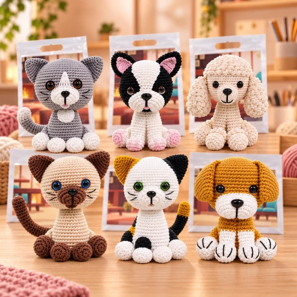 Kit Amigurumi Cães e Gatos Círculo Completo com Receita e Materiais para Crochê