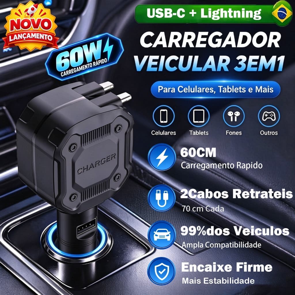 Carregador Veicular rápido 3 em 1 com Giro 180° – USB-C + Lightning, 60W Carregador de carro para iPhone e Android
