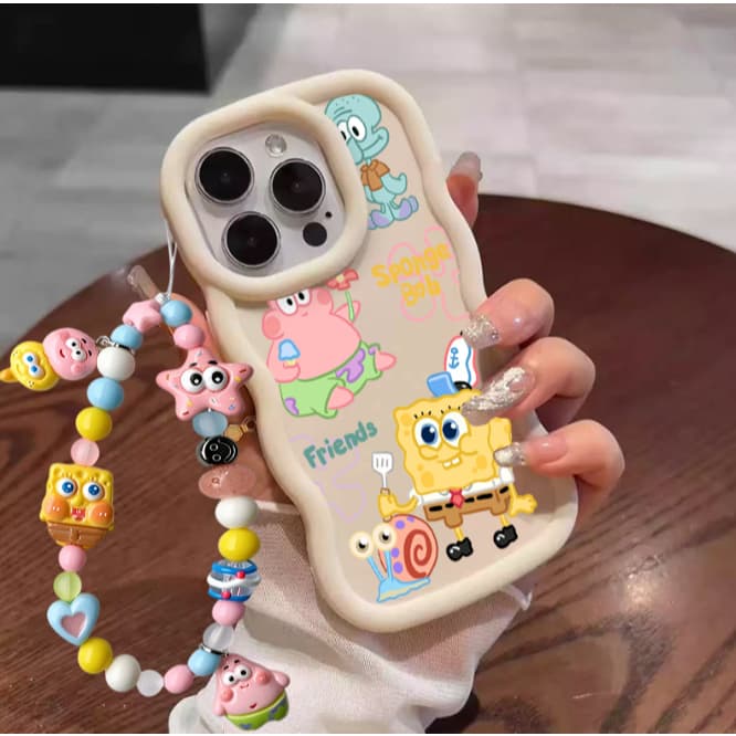 Silicone transparente Capinha para iPhone 17/16/15/14/13/12 Pro Max Capa de celular anti-queda do Bob Esponja com cordão