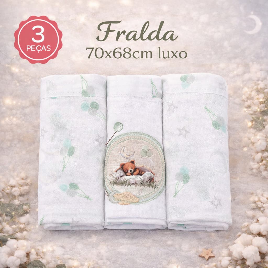 Kit 3 Fraldas de Boca Bebê Luxo 70x67cm 100% Algodão Minasrey Macia Absorvente Estampada Recém-Nascido Enxoval Menino