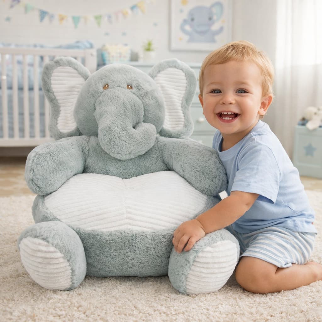 Poltrona Infantil Elefante de Pelúcia Macia – Sofá Bebê Antialérgico Confortável para Quarto Infantil