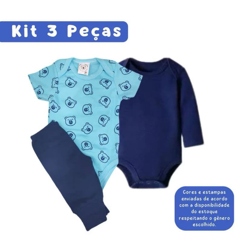 Kit 3 Peças bebê enxoval Body Manga Longa e Curta com Mijão Prematuro ao G Menino