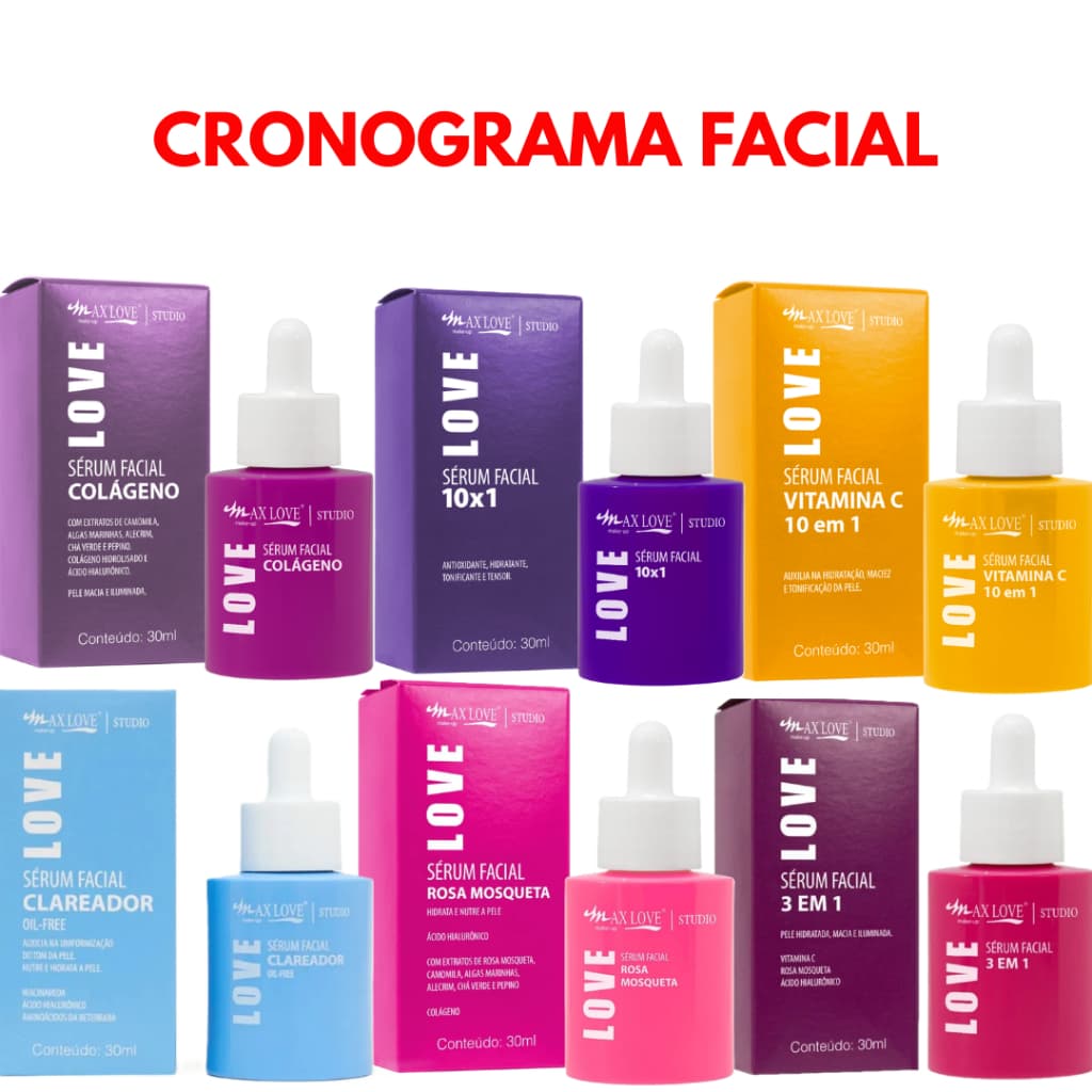 Kit 6 Séruns Max Love Skincare Completo Vitamina C Rosa Mosqueta Ácido Hialurônico Colágeno Clareador Manchas Rugas Acne