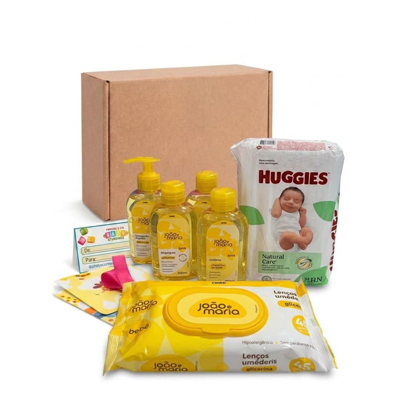 Kit Presente Recém Nascido Premium - Oleo João e Maria, Sabonete, Shampoo, Colônia, Fralda Huggies