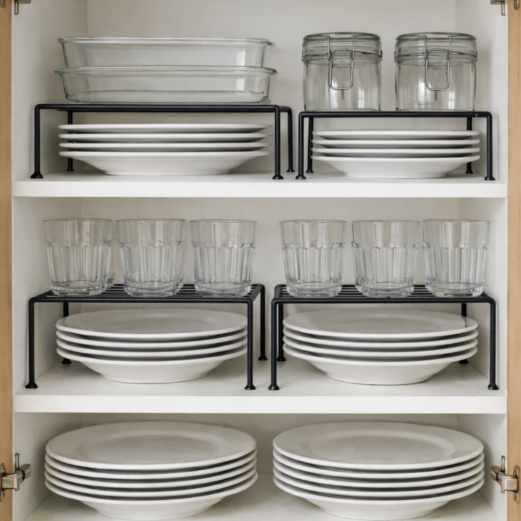 Kit 4 Prateleiras Organizadoras Armário Cozinha Aramado Aço 1x 42cm 2x 32cm 1x 22cm Preto Kiryu Ganhe Espaço Multiuso