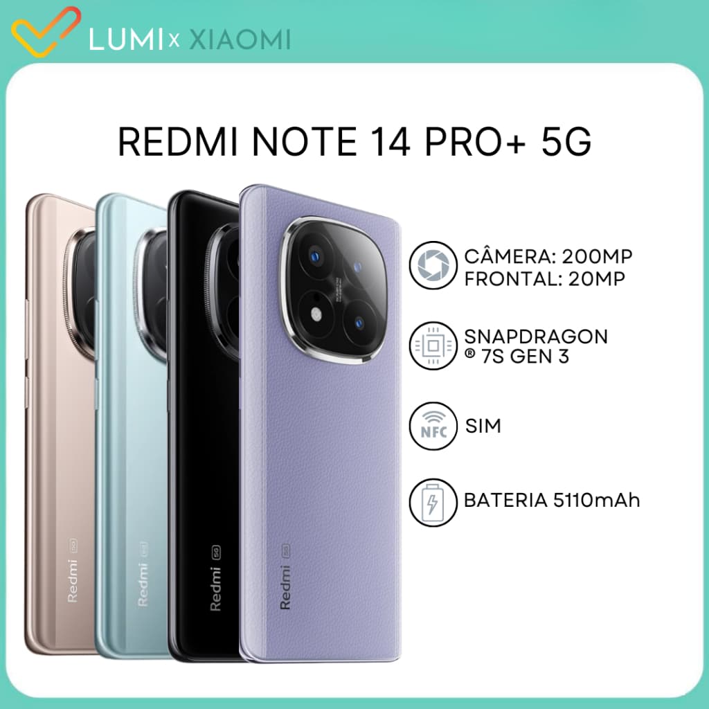 Redmi Note 14 Pro+ 5G 256GB e 8GB RAM, Câmera 200MP, processador Snapdragon® 7s Gen 3, Bateria 5110 Mah, Versão Global