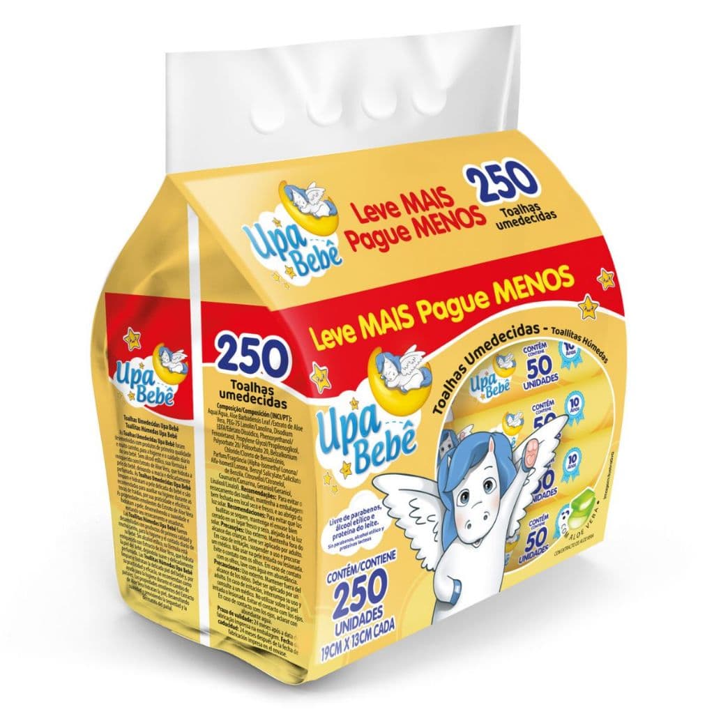 Kit Lenço Umedecido Upa Bebê Com 250un Toalha Umedecida 5x50 Unidades Embalagem Econômica Atacado