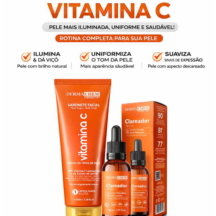 Kit Skin Care Vitamina C Dermachem Sérum + Sabonete Uniformiza o Tom da Pele Rotina Facial Completa