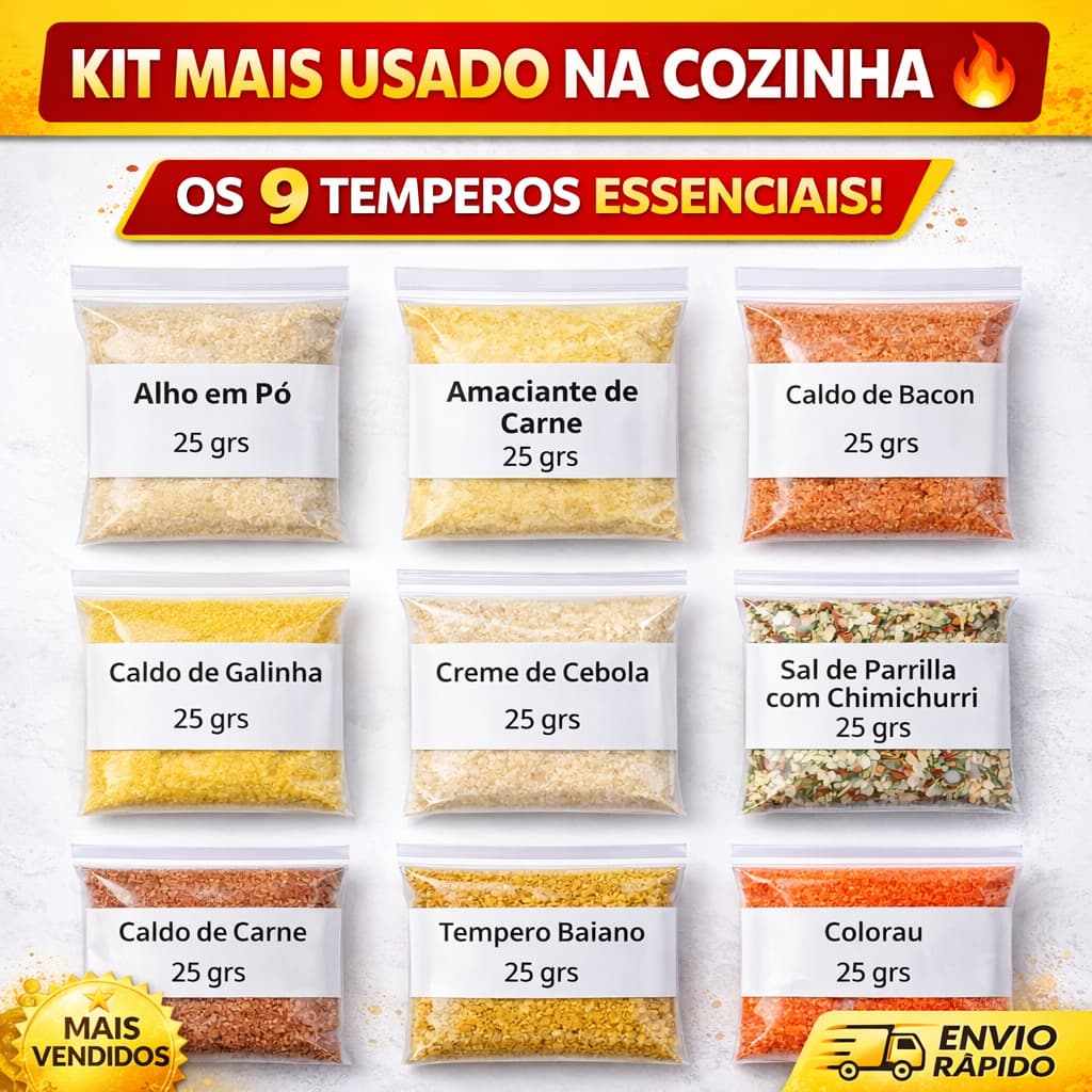 Kit com 9 Temperos e Condimentos Sortidos 25g Cada (Total 225g) para Cozinha do Dia a Dia