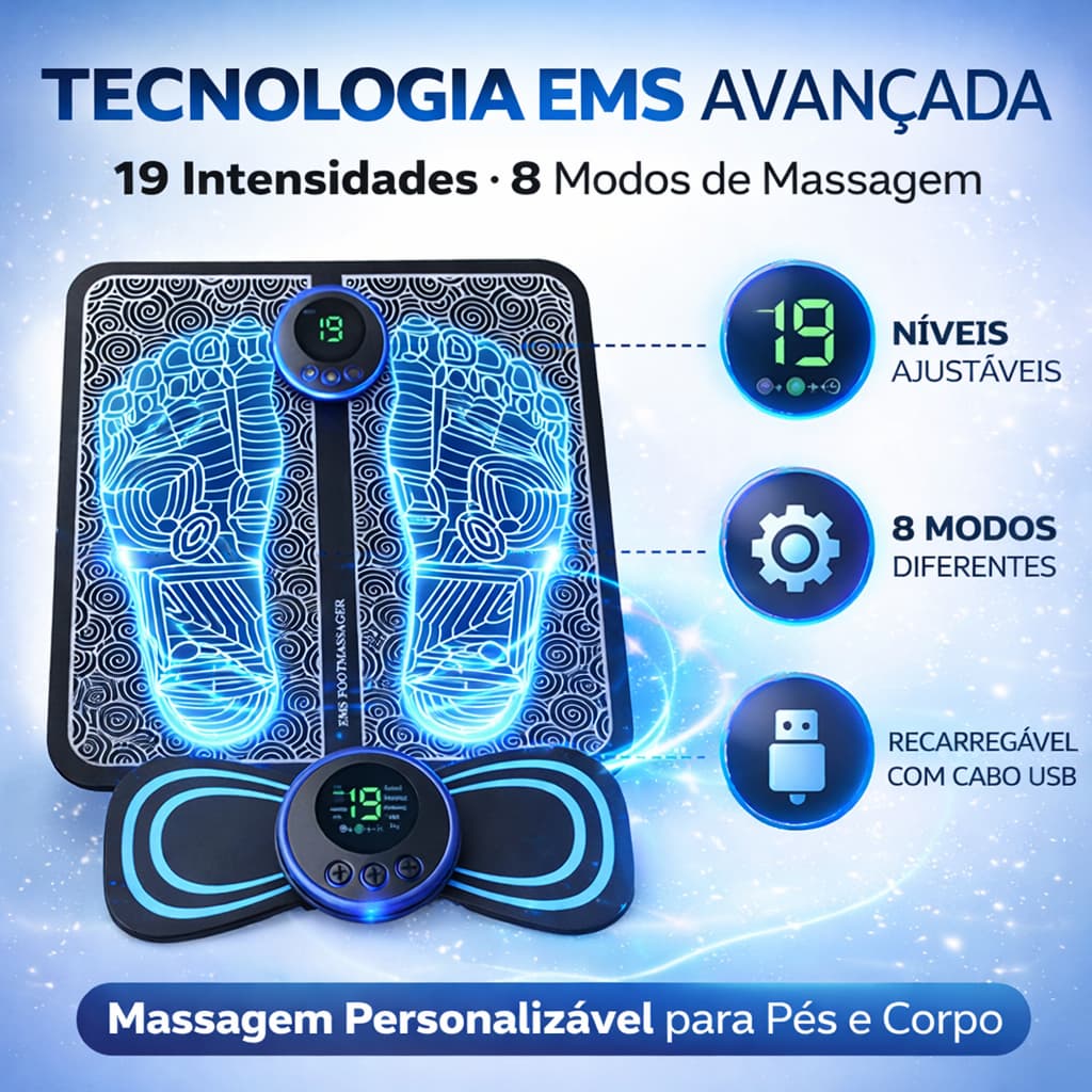 Massageador Elétrico Pés EMS + Tapete Massageador Portátil Alívio Dor Muscular Relaxamento