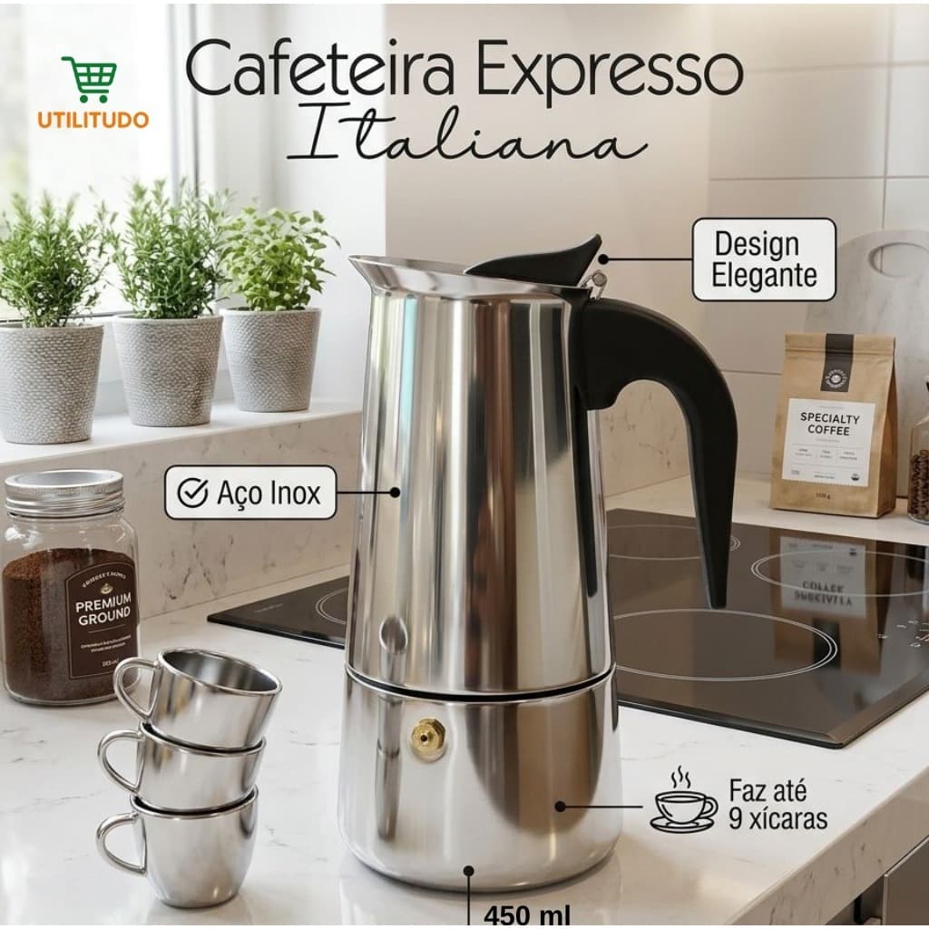 Cafeteira Italiana 450ml Inox Faz 9 Xícaras Café Expresso Premium