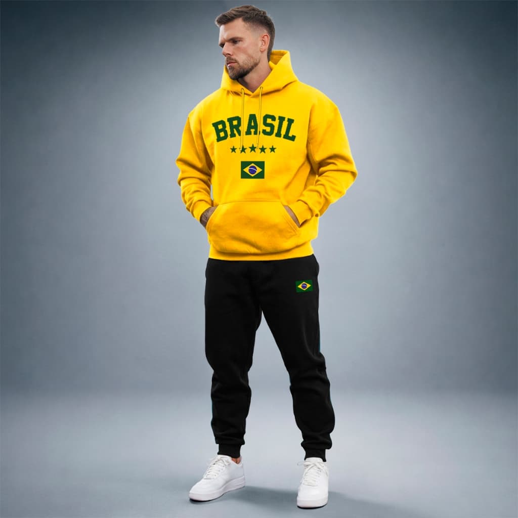 Conjunto Blusa De Frio Moletom Brasil Seleção Blusa Capuz Bolso Flanelado Quentinho Copa Do Mundo