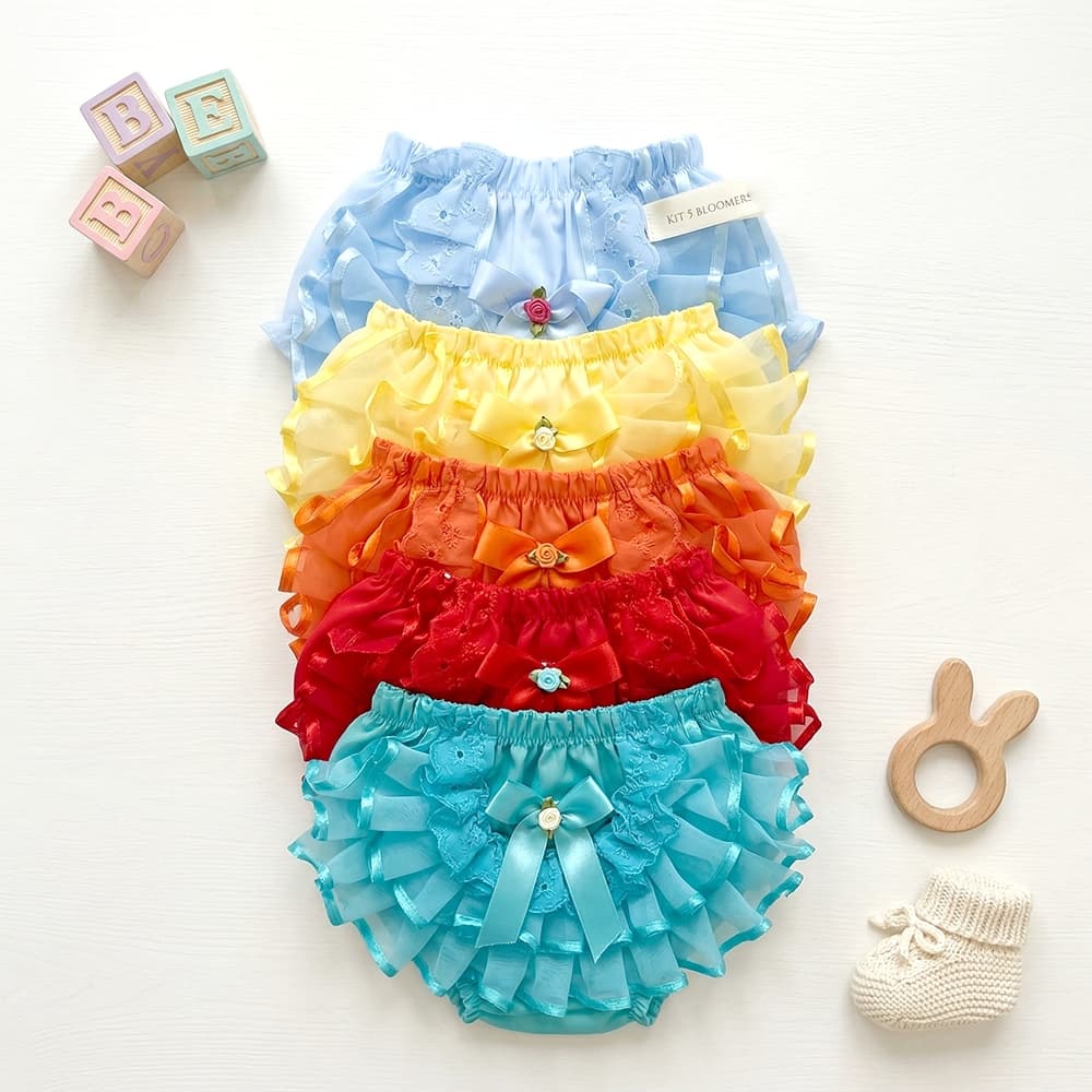 Kit 5 Calcinha Infantil Tapa Fralda com Babado Triplo em Organza e Cetim