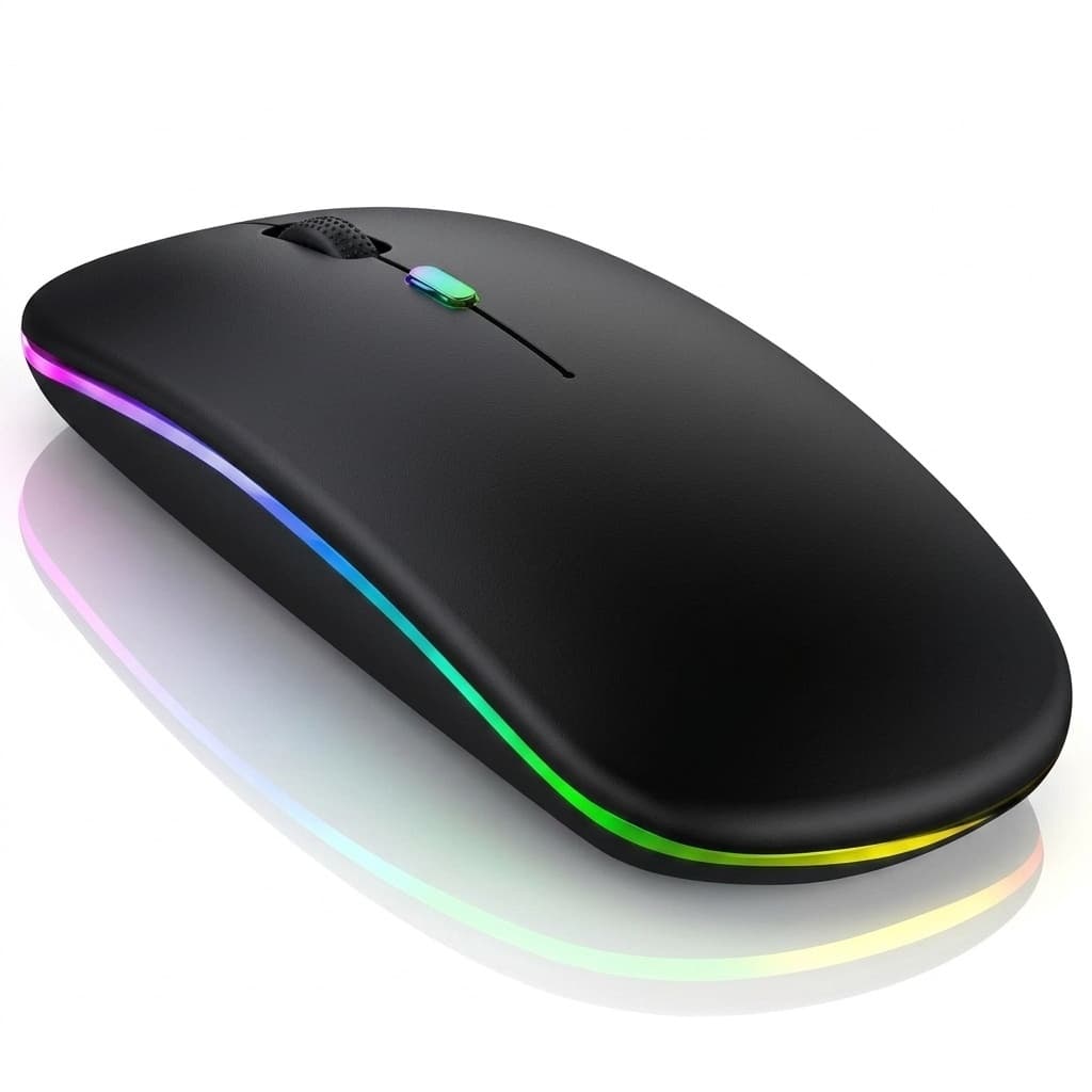 Mouse Sem Fio Ergonômico Preto - Recarregável, Clique Silencioso, LED RGB