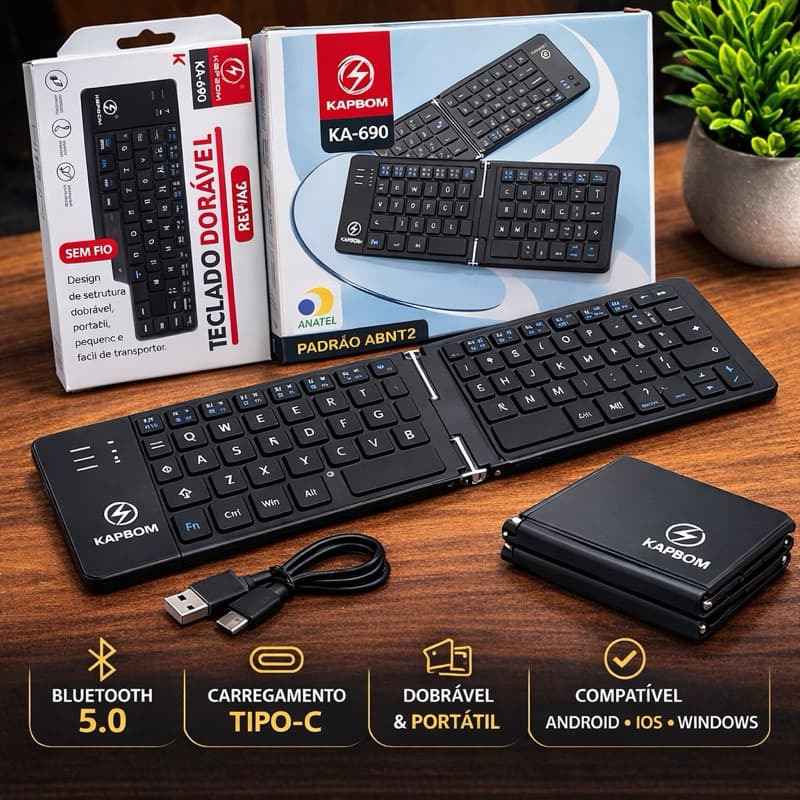 Teclado Dobrável Sem Fio Portátil Para Celular Tablet iOS Android Windows