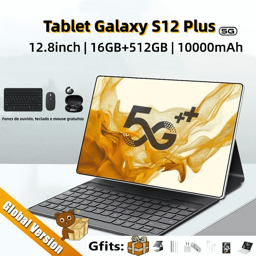 Tablet Galaxy S12 Tab  Plus 16 GB + 512 GB 10000 mAh 12,8 HD Dual SIM 5G WiFi Desconto Teclado e mouse gratuitos