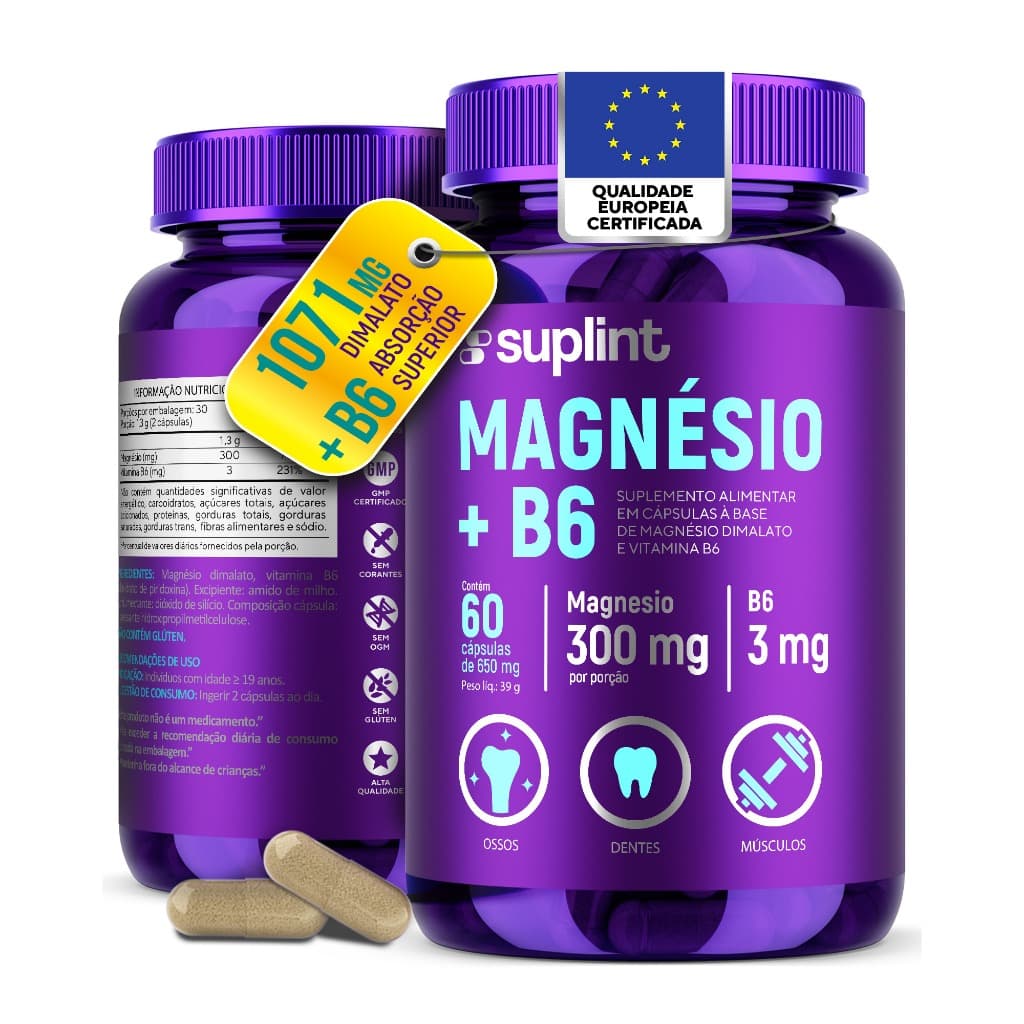 Magnésio Dimalato 1071 mg com Vitamina B6 – Suplemento de Magnésio Vegano | Sem Glúten e Sem OGM – 60 Cápsulas