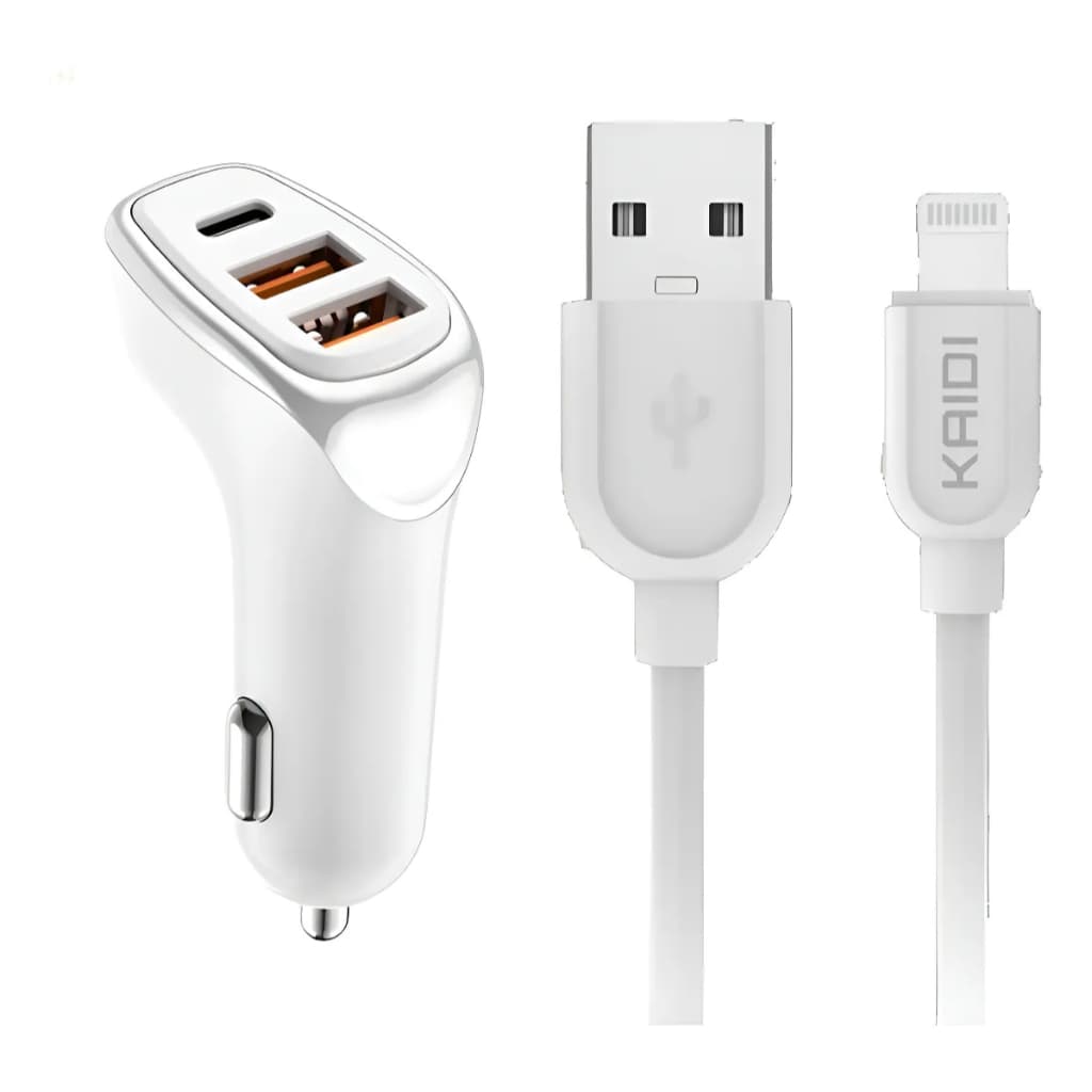 Carregador Veicular Kaidi Turbo 38W + Cabo Lightning para Iphone Carga Rápida Automotivo Universal