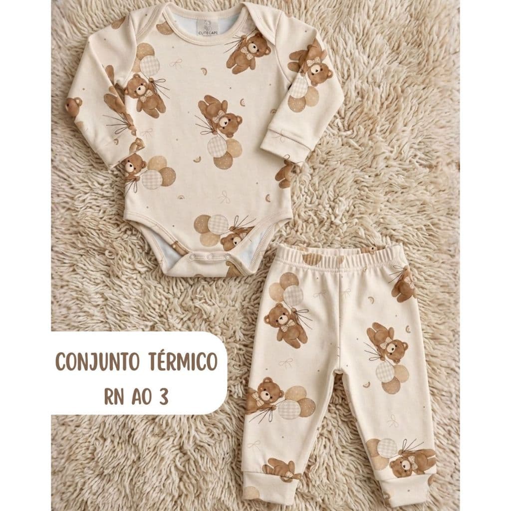 Conjunto Térmico Bebê Menina Pagão Longo Estampado Body e Calça Peluciado Quentinho RN ao 3