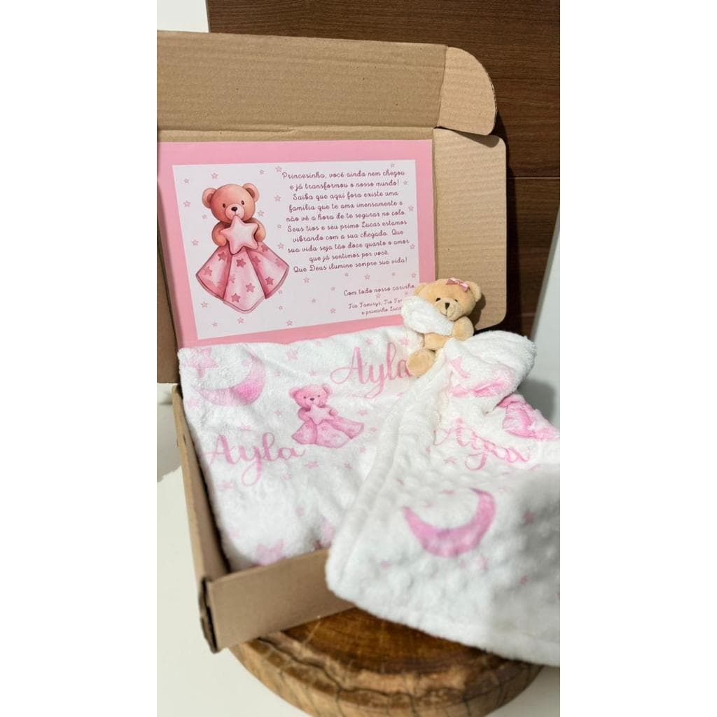 Kit Manta e Naninha Lua e Estrela Enxoval Bebê Personalizado com Nome