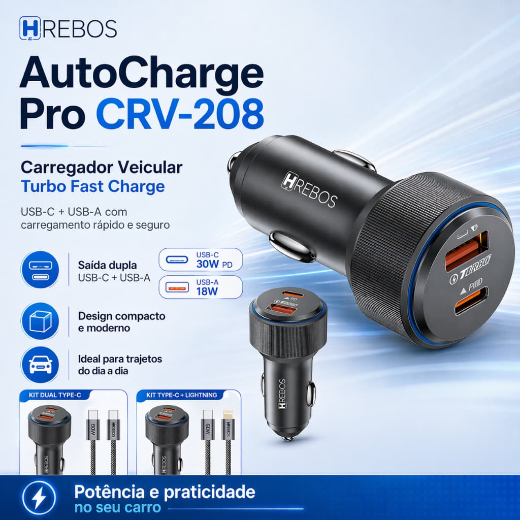 Carregador Veicular Turbo | Tipo C 30w | USB 18w | Android iOS iPhone Lightning NFe