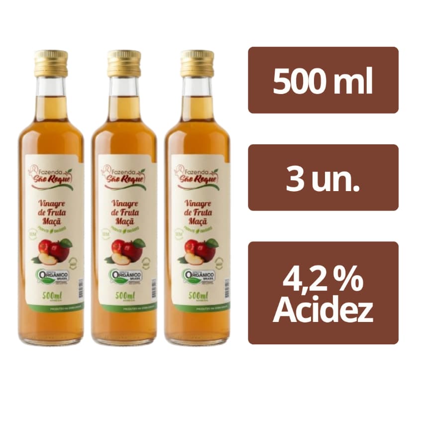 3x Vinagre De Maçã (100% Orgânico) (4,2% de Acidez) Fazenda São Roque 500 ml