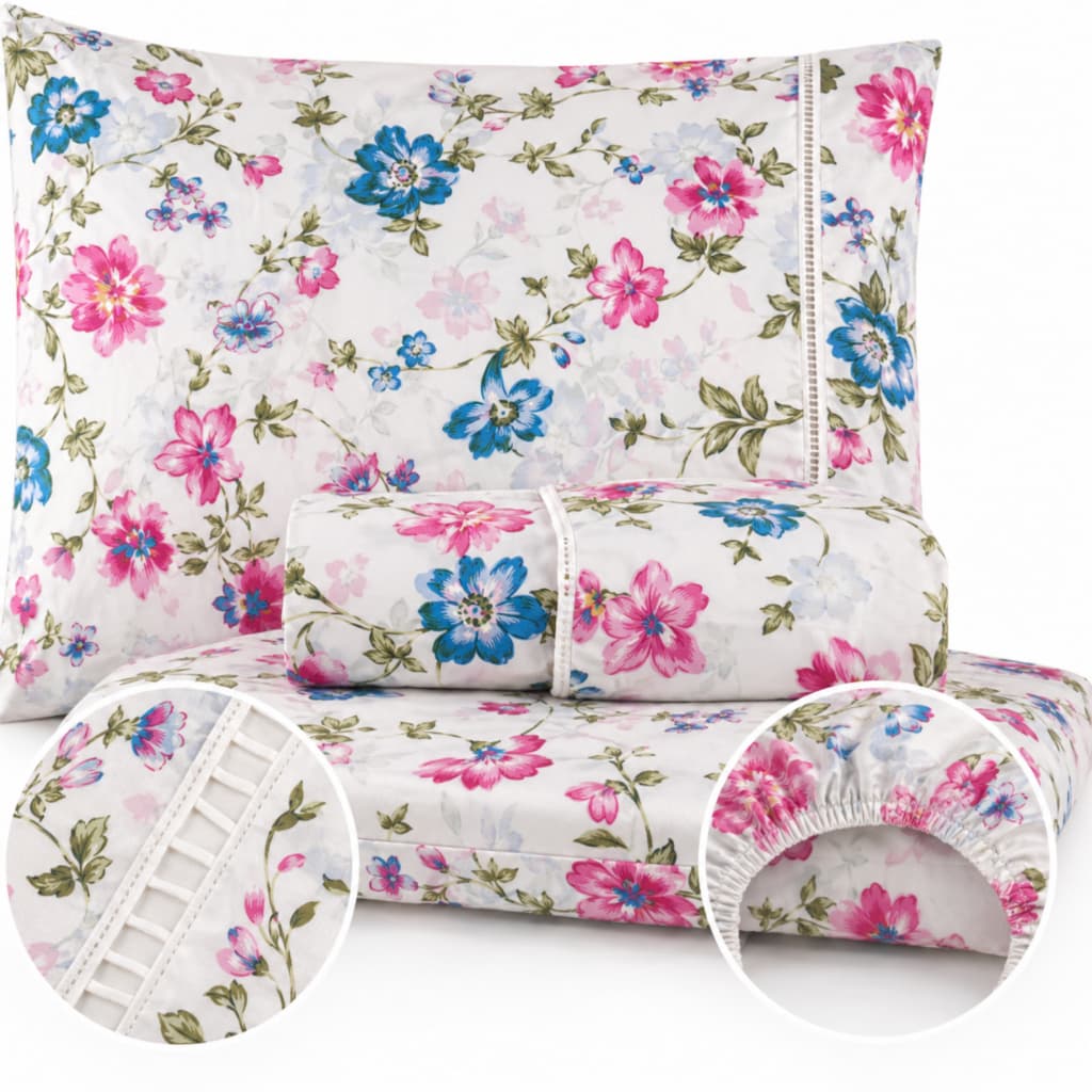Jogo de Lençol Estampado Floral Ponto Palito 400 Fios Solteiro Casal Queen Vários Tamanhos