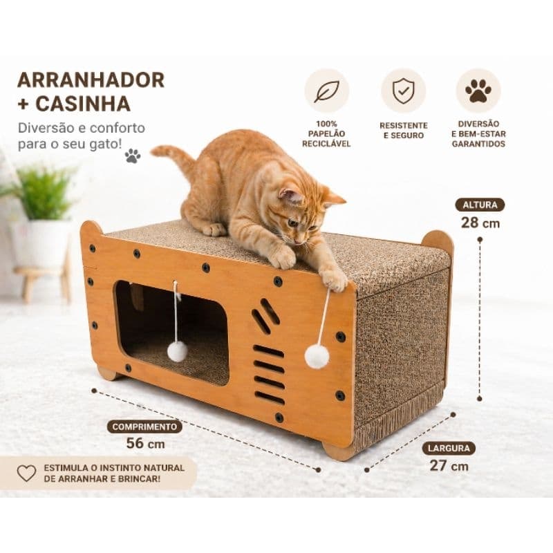 Casinha Pet com Arranhador e Brinquedos para Gatos e Pequenos Animais
