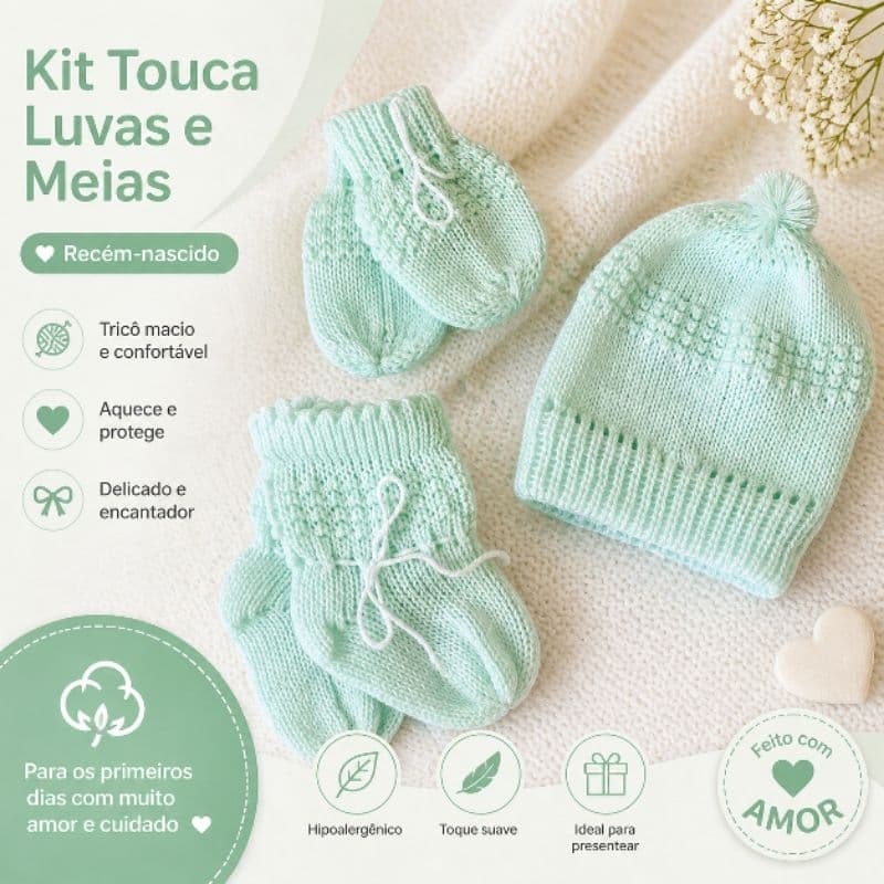 KIT BEBÊ RECEM NASCIDO 3 PEÇAS 1 GORRO, 1 PAR DE LUVAS, 1 PAR DE SAPATINHOS ENXOVAL DE BEBÊ
