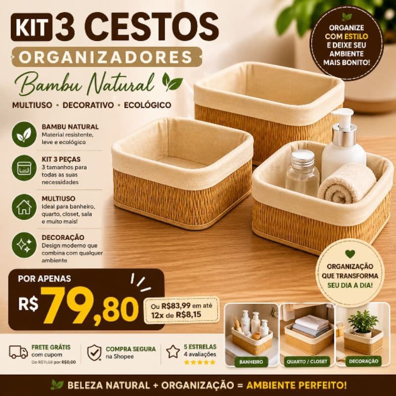 Kit 3 Cestos Organizadores Bambu Natural Multiuso Banheiro Quarto Closet Cesto Decorativo Ecológico.