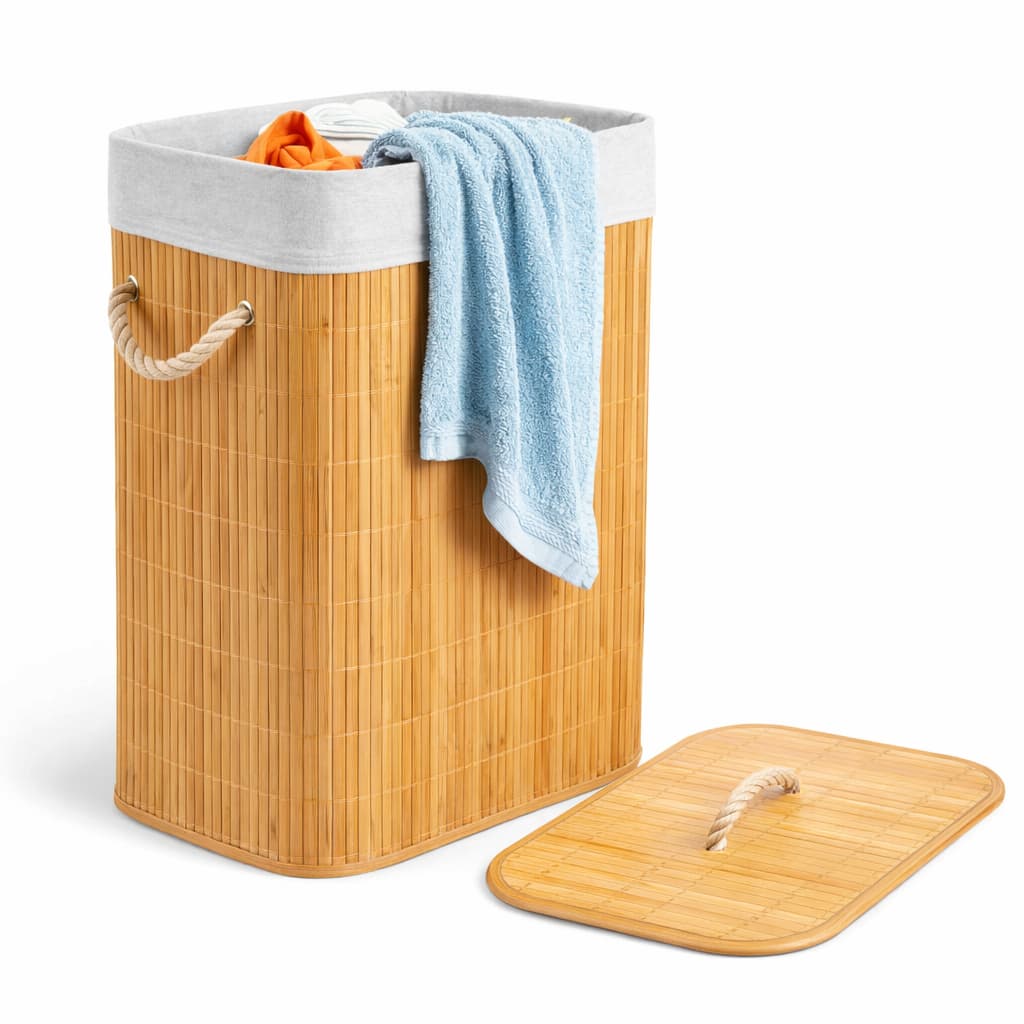 Cesto De Roupa de Bambu Dobravel Organizador 60Litros Forrado Banheiro Grande Cesto Retangular