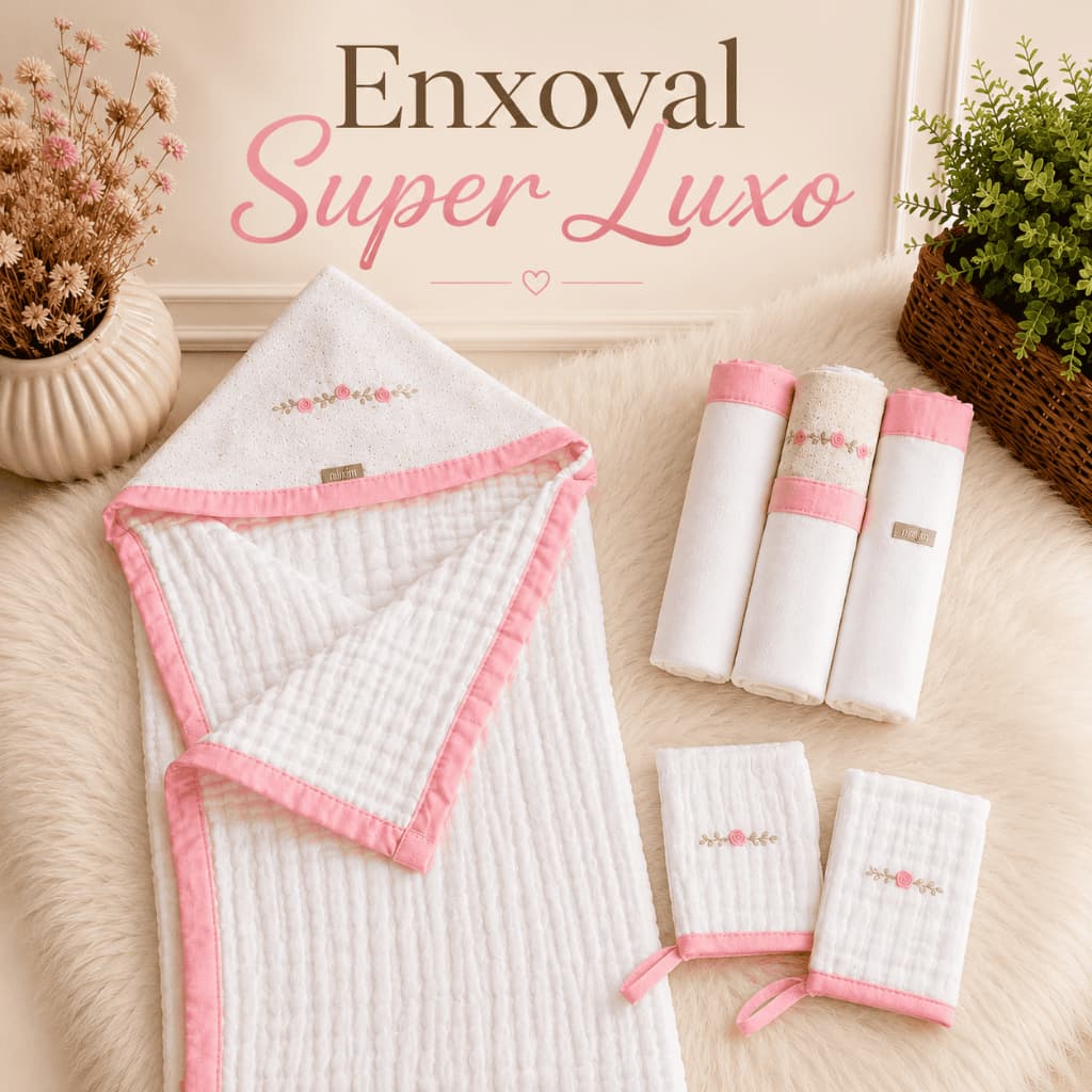 Kit Enxoval Bebê 6 Peças Toalha Capuz Cueiro Flanelado Pano Boca Algodão Presente Maternidade RN