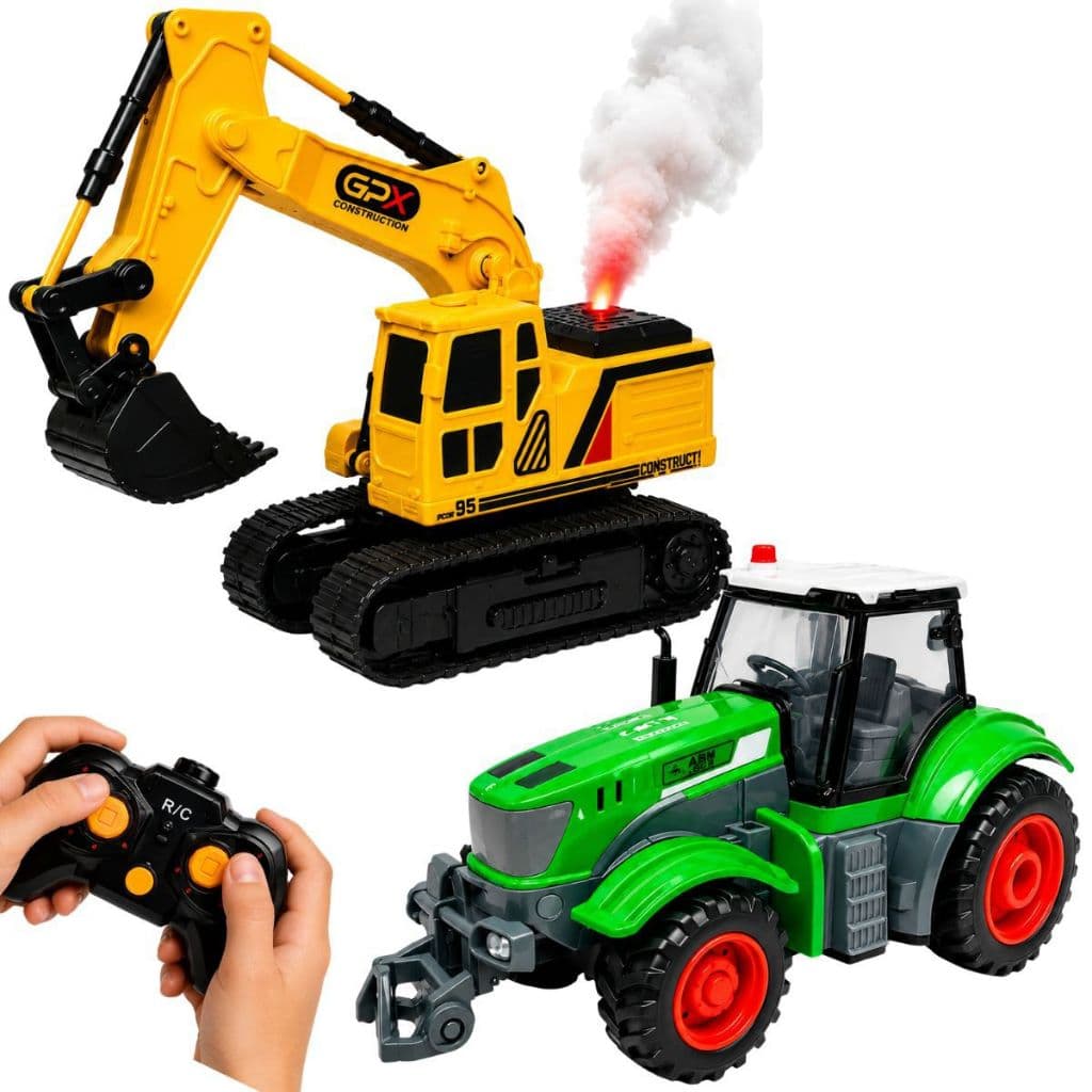 Kit 2 Carrinhos Controle Remoto Escavadeira e Trator Com Fumaça Led Brinquedo Menino
