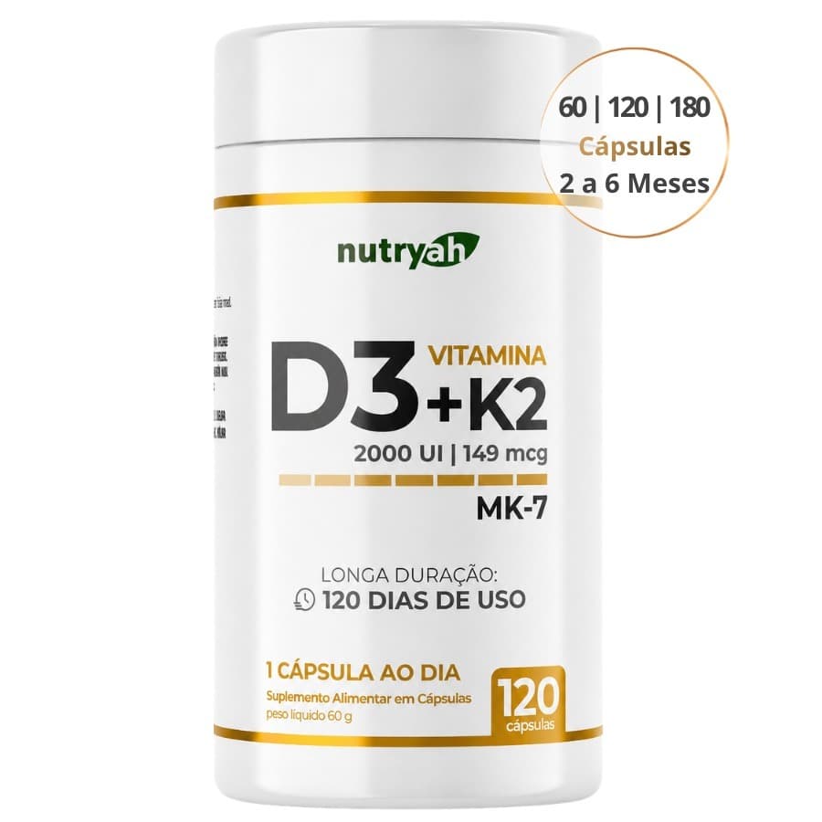 Vitamina D3 + K2 MK7 2000UI 60, 120 ou 180 Cápsulas de 2 Até 6 Meses de Suplementação Nutryah